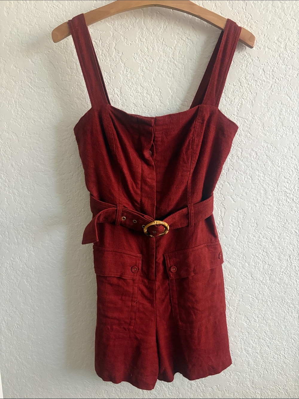 House of Harlow 1960 Brick Red Linen Romper with Belt